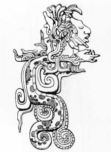 Fig.12 Divine Maya serpent from whose open jaws a human personage with outstretched hand emerges. After Spinden 1957: fig. 93.