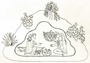 Fig.19 Traditional association of birth and a cave in the pre-Hispanic codices. Quinatzin map. Drawing by A. Piña.