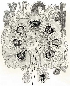 Fig.20 The Chicomostoc of the Toltec-Chichimeca history of the Seven Caves. Culhuacán is represented in the upper portion. Drawing by A. Piña.