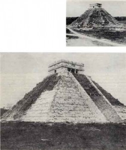 Vista de la Pirámide de Kukulkán en Chichén Itzá. Este ejemplo muestra el primer paso para el cambio que sufrió la restauración hacia 1920 con el inicio de los trabajos a largo plazo, en especial en los sitios mayas.