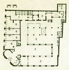 Banco Popular Argentino. Planta Baja. 1) Hall; 2) hall público; 3) empleados; 4) gerencia; 5) sanitarios; 6) locales oficinas; 7) hall acceso a pisos superiores.