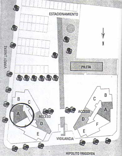 Plano del terreno con los edificios en construcción; el de la izquierda coincide con el sector excavado; se indica la zona estudiada (gentileza Portal del Virrey - Edificar S.A.)