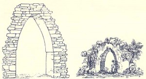 Dibujo del arco principal de El Cedral tal como lo vio William Holmes en 1895 y el mismo arco, tal como lo dibujó en 1946, con mayor detalle, Miguel Ángel Fernández.