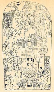 Dibujo de la estela 2 de Machaquila, Guatemala, del alió 671, la cual fue recuperada en 1972, al tiempo que los traficantes pedían por ella 350 mil dólares.