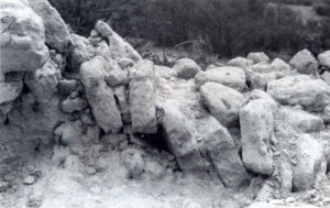 Detalle de los grandes adobes con que fue construida la pared norte de la Kallanca (T-I), se derrumbaron