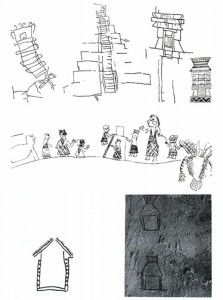 I. Graffitis de Chichén Itzá que muestran la pirámide de El Castillo y la comparación con un dibujo de códice. II. Escena de una procesión frente a una pirámide de Hochob. III. Una cabaña simple de Nakum. IV. Dos simples viviendas con techo de paja de Tikal.