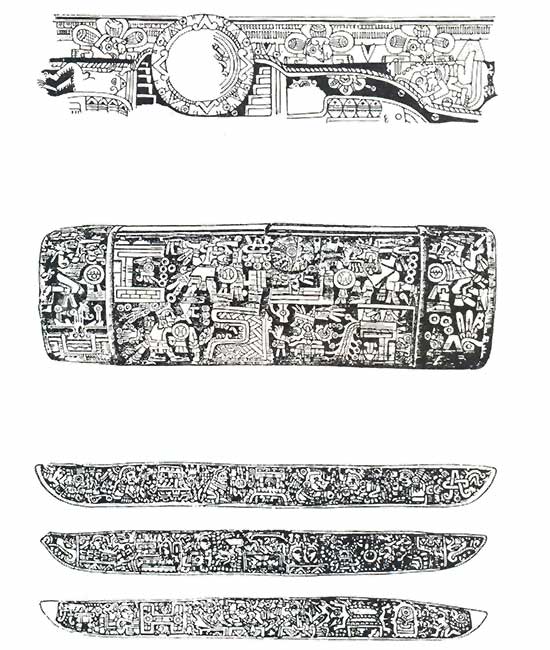 Tres variedades de representciones arquitectónicas mixtecas: una pintura mural de Mitla, un tambor horizontal con escenas tipo códice y huesos tallados provenientes de la tumba 7 de Monte Albán
