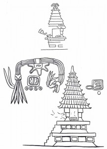 Dibujos que muestran el templo del monolito, en dibujos de Spinden (1933) y Medellín Zenil (1962)