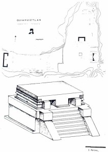 Plano del cementerio de Quiahuistlan, con la ubicación de las tumbas - mausoleo y vista de una de ellas provenientes de Camapán.