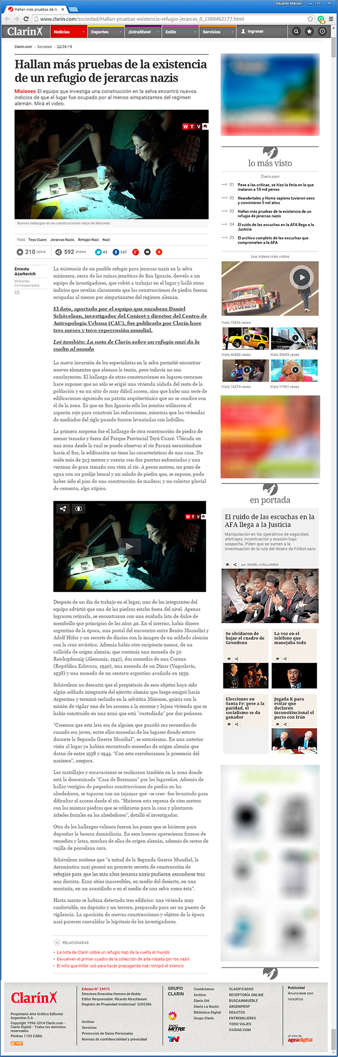 Captura de la página del Clarín Digital del 22 de junio de 2015